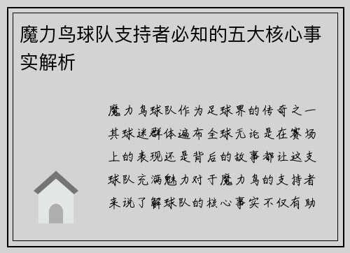 魔力鸟球队支持者必知的五大核心事实解析 魔力鸟球队支持者必知的五大核心事实解析