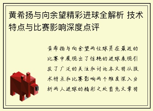 黄希扬与向余望精彩进球全解析 技术特点与比赛影响深度点评
